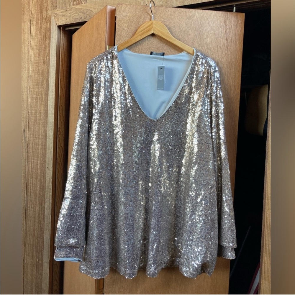Lane Bryant (Size 22) Swing V-Neck Gold Sequin Top Party Festival Disco fun